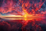 A panoramic view of a fiery sunset over the ocean, painting the sky with vibrant colors and casting long reflections on the water
