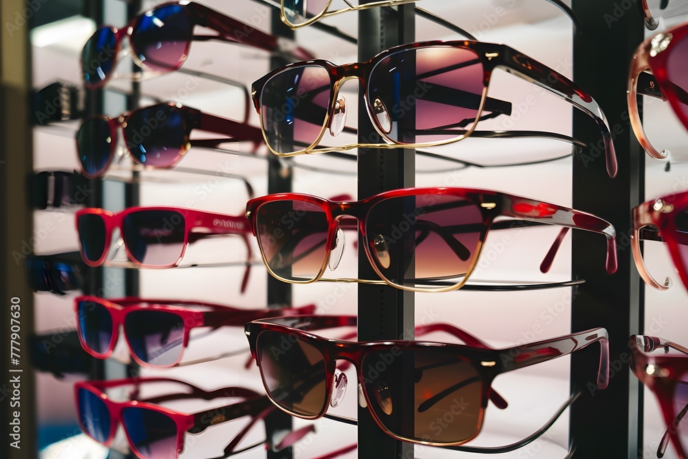 Closeup of glasses and sunglasses on display rack Closeup of glasses and sunglasses on display rack
