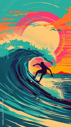 A pop art interpretation of a surfer riding a turquoise wave, with exaggerated lines, simplified details, and a vibrant sunset