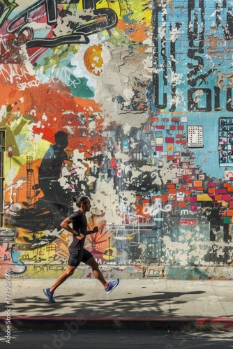A runner races past a street mural, its vibrant colors contrasting with the gritty urban backdrop