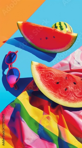 A vibrant pop art still life of a beach towel, sunglasses, and a juicy slice of watermelon, with bold colors and stark shadows