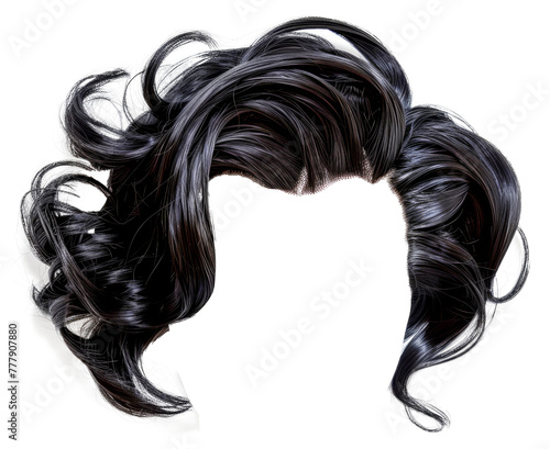 A close up of a woman's hair with a black wig, cut out - stock png.