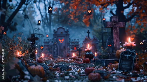 Graveyard At Evening - Spooky Cemetery With Moon In Cloudy Sky Contain 3d Illustration Halloween pumpkin and candle horror in tombstones background, creepy and scary concept.