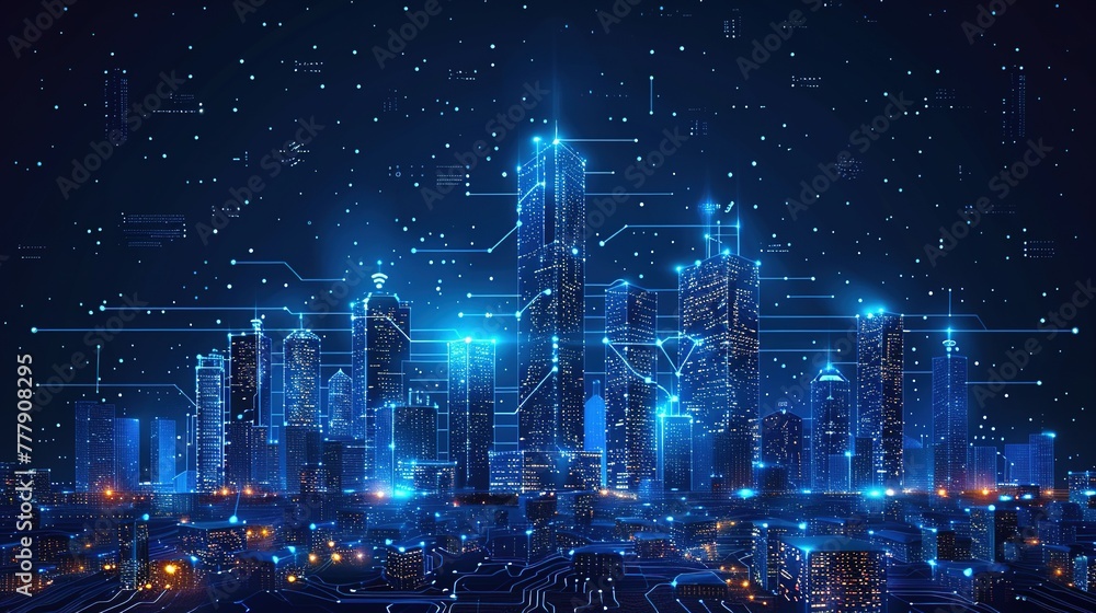 Wi-Fi smart city or network. Low poly wireframe. Building automation with computer board illustration. Isolated on a dark blue background. Plexus points and lines. Wireless smart city or network