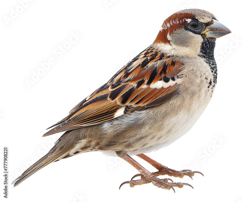 A brown and white bird with a black beak is standing, cut out - stock png.