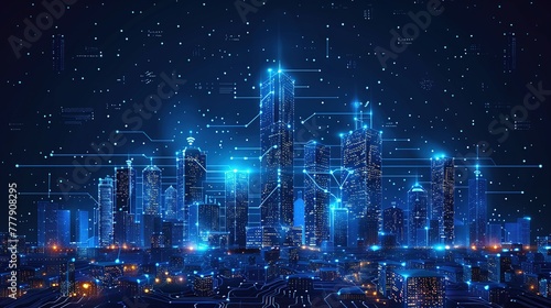 Wi-Fi smart city or network. Low poly wireframe. Building automation with computer board illustration. Isolated on a dark blue background. Plexus points and lines. Wireless smart city or network