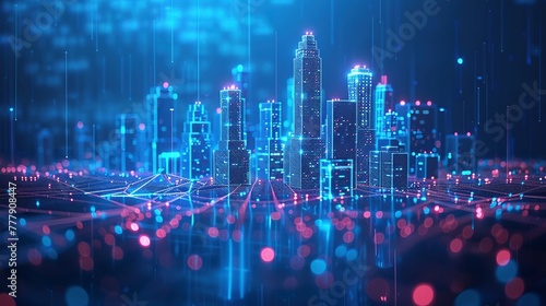 Wi-Fi smart city or network. Low poly wireframe. Building automation with computer board illustration. Isolated on a dark blue background. Plexus points and lines. Wireless smart city or network