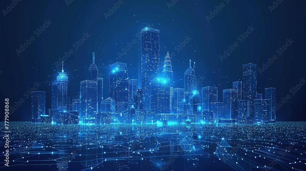 Wi-Fi smart city or network. Low poly wireframe. Building automation with computer board illustration. Isolated on a dark blue background. Plexus points and lines. Wireless smart city or network