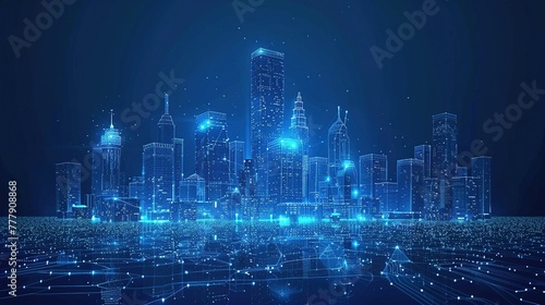 Wi-Fi smart city or network. Low poly wireframe. Building automation with computer board illustration. Isolated on a dark blue background. Plexus points and lines. Wireless smart city or network