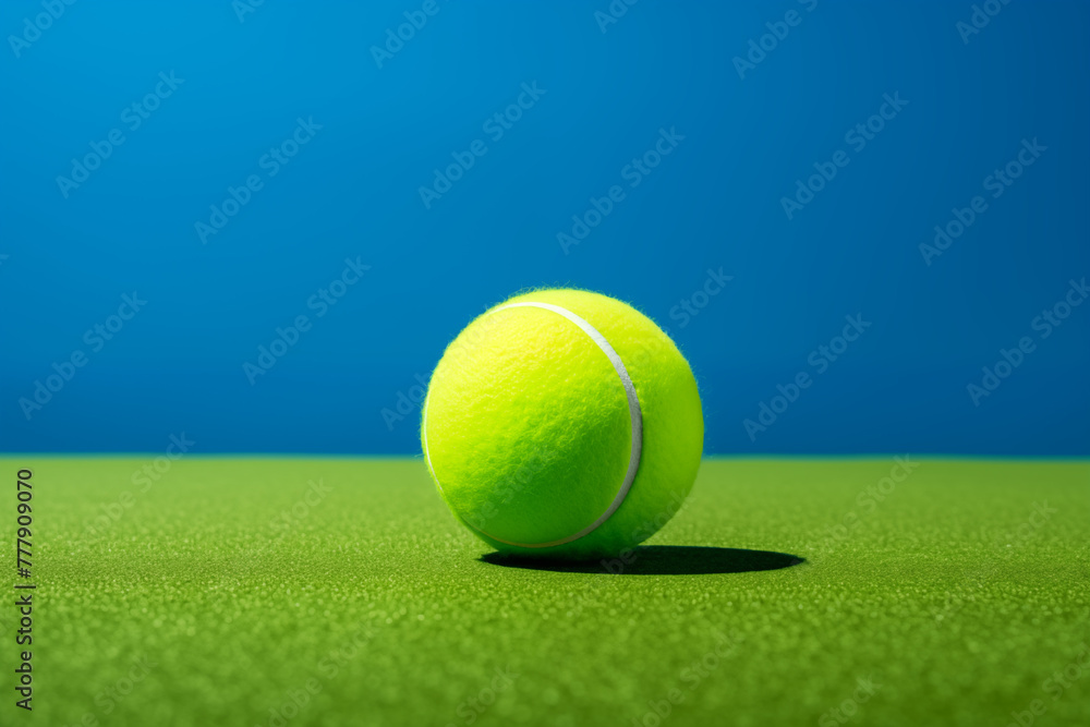 A tennis ball contrasts sharply on green grass against a vibrant blue backdrop creating a striking visual contrast that commands attention.