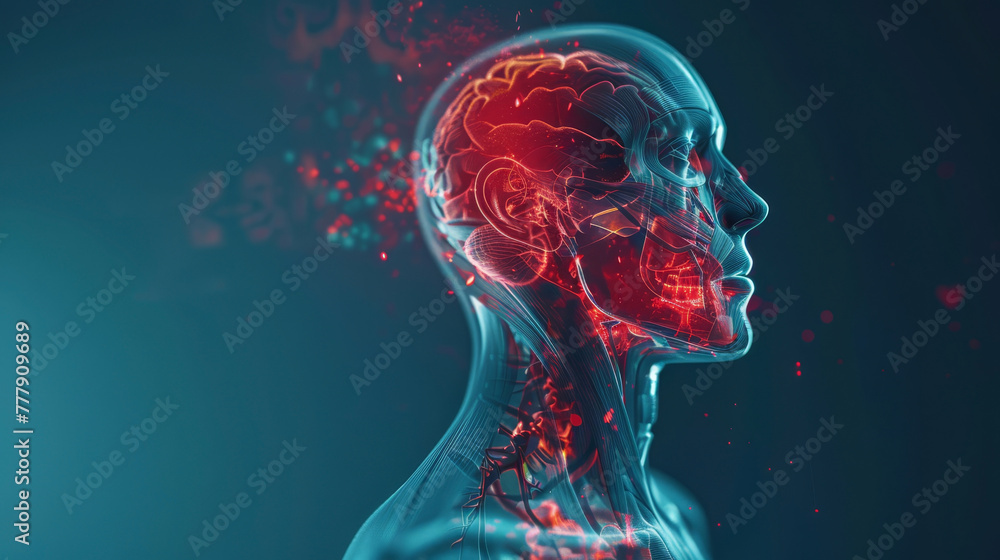 Visualization of neck and shoulder tension with red, inflamed areas on a digital human model Visualization of neck and shoulder tension with red, inflamed areas on a digital human model