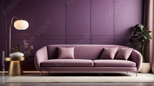  A modern living room with a sleek sofa  contemporary lamp  and minimalist cabinet  all arranged in a well-lit setting against a purple-toned background. The sofa features clean lines and plush 