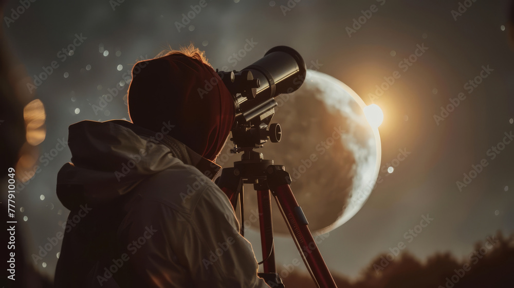 Space enthusiast livestreaming a telescope view of a lunar eclipse - obrazy, fototapety, plakaty 