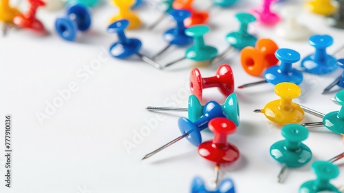 Colorful push pins isolated on white background in the form of a frame Colorful thumbtacks on a white background. Copy space.
