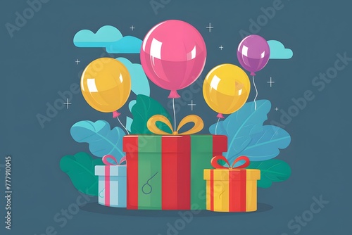 Colorful gift box and buoyant balloons illustrated in vector format