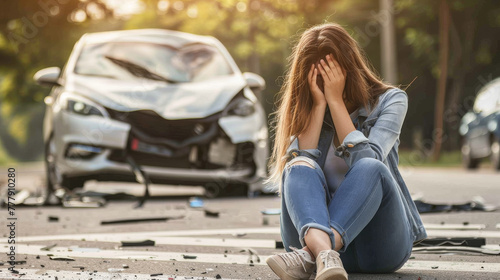 Upset Woman Sitting on Street with Head in Hands in front of Car Vehicle Crash Accident