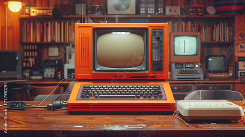 A cozy retro workspace featuring a vintage orange TV, classic computer and keyboard, with warm ambient lighting and nostalgic decor