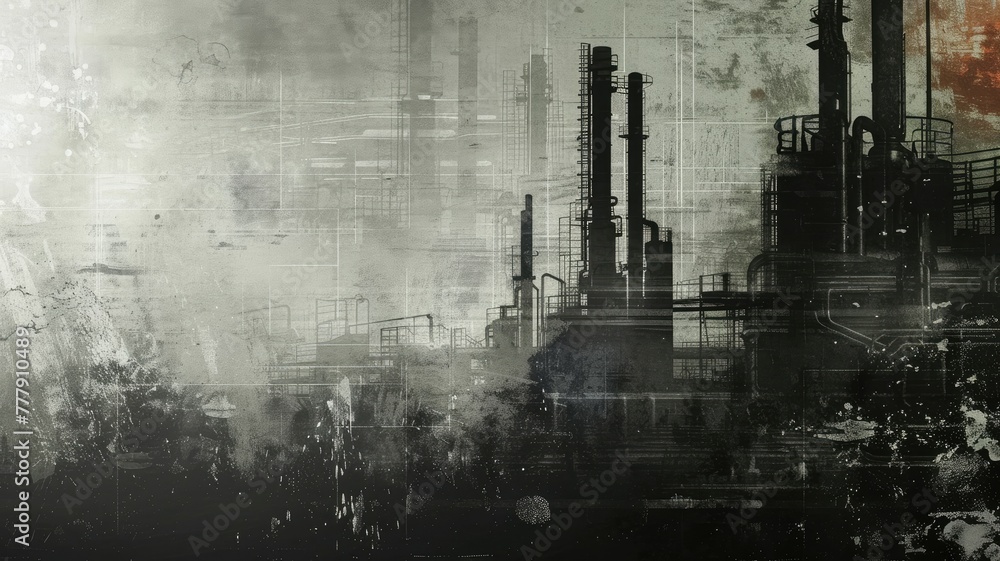 Grungy Industrial Manufacturing Cityscape with Copy Space for Text About Business and Technology