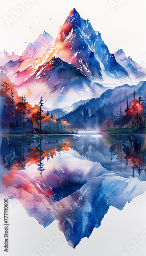 watercolor paint style watercolor painting  snow mountain  lake  sunset  grassland