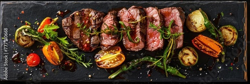 Mouthwatering Gourmet Steak and Vegetable Dish Served on Rustic Slate Plate