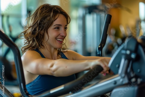 Woman in Blue Top Doing Exercises on Machine