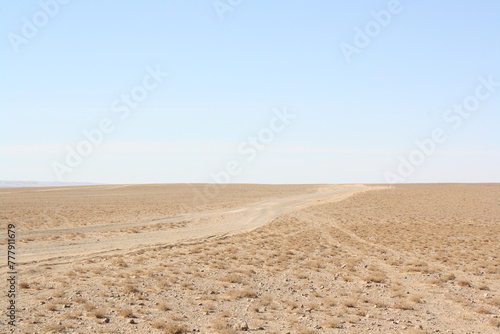 A very lonely desert road in the middle of nowhere, Dundgovi province, Mongolia. The desert itself is so silent and isolated. I do not see any other vehicle for hours along the way. 