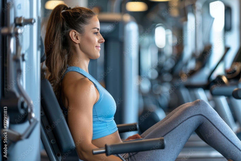 Woman Sitting on Bench in Gym Woman Sitting on Bench in Gym