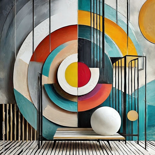abstract background with circles.a contemporary wall installation incorporating separate linear elements and circular color accents. The composition should utilize mixed media techniques to add textur
