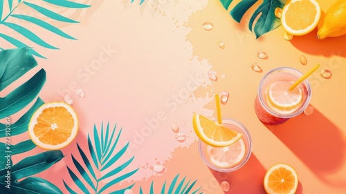 Tropical Fruit Smoothie Graphic with Vibrant Leaves and Citrus Accents for Digital Background or Wallpaper