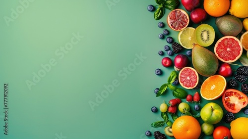 Vibrant and Colorful Fruit Wallpaper Showcasing Diverse Produce on Solid Green Background with Ample Copy Space