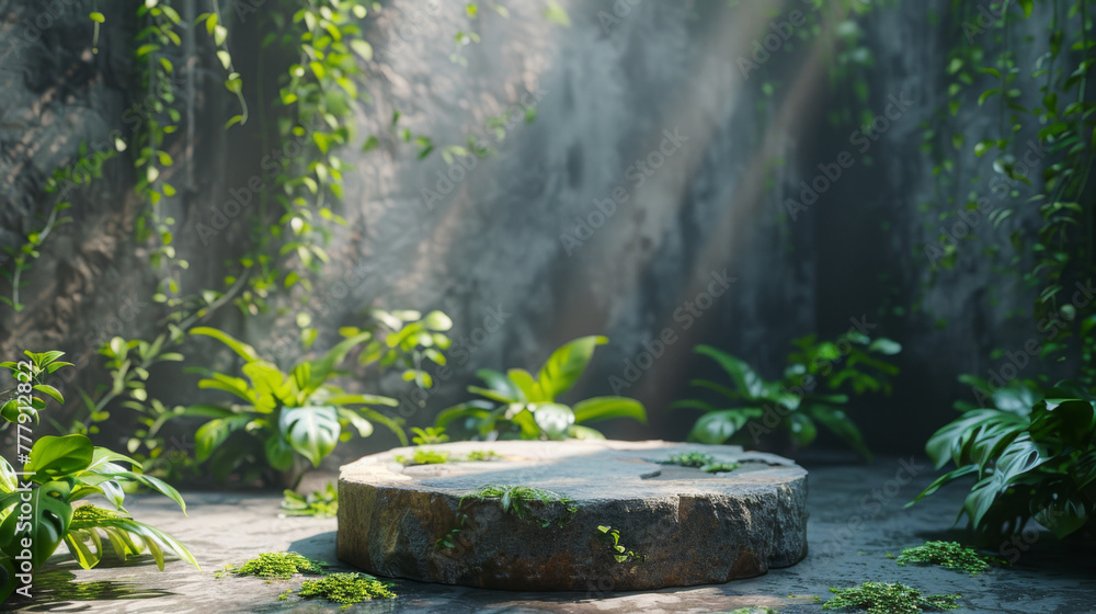 Natural stone and concrete podium in Natural green background for Empty show for packaging product presentation. Background for cosmetic products, the scene with green leaves. Mock up the pedestal. Natural stone and concrete podium in Natural green background for Empty show for packaging product presentation. Background for cosmetic products, the scene with green leaves. Mock up the pedestal.