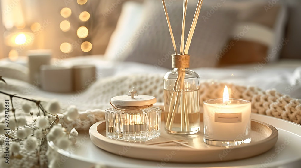 Obraz premium Home perfume in glass bottle with wood sticks scented burn candles tray in bedroom
