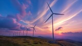Wind turbines against a cloudy sunset sky Demonstrates the concept of green energy.Generative AI illustration