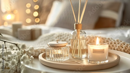 Home perfume in glass bottle with wood sticks scented burn candles tray in bedroom
