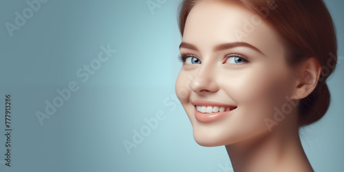 Beautiful Young Woman with Clean Fresh Skin. Facial Treatment. Healthy Whitenin Teeth, dentist treatment, concept. Cosmetology, Beauty and Spa.