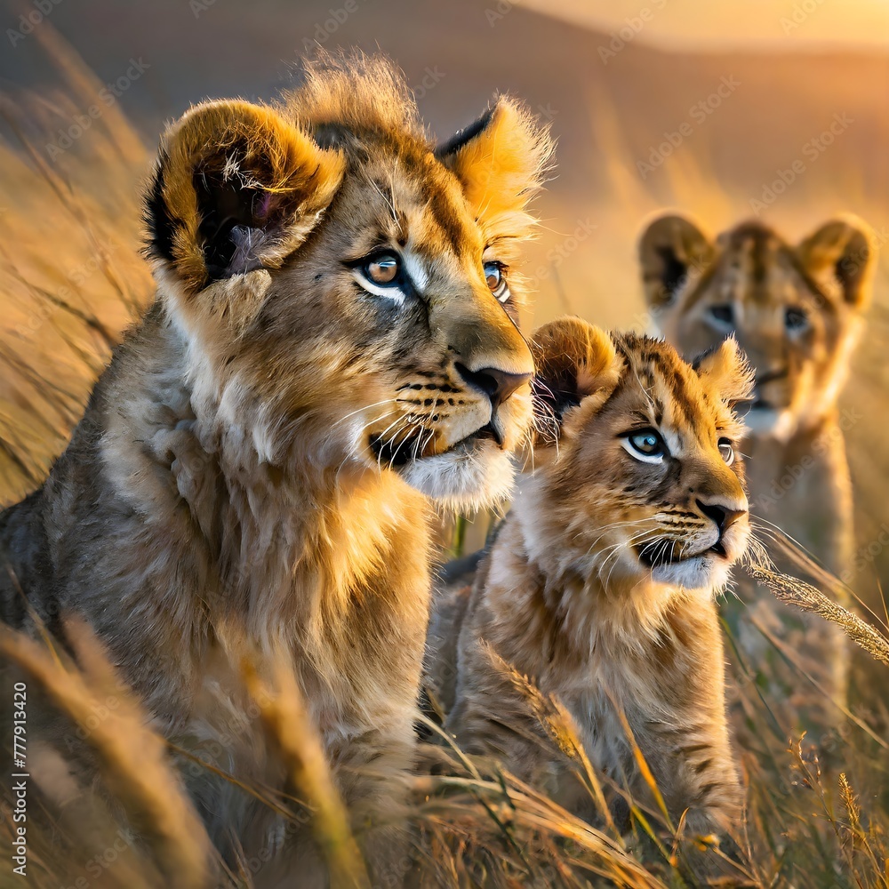 Leones bebés en la pradera Leones bebés en la pradera
