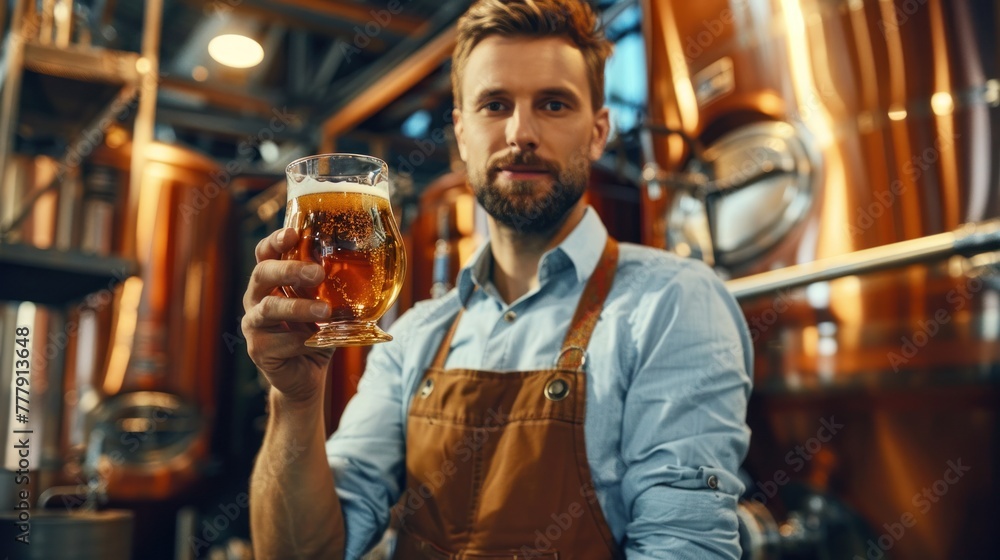 Brewer holding a glass and checking color holds quality control of craft beer.