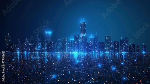 Wi-Fi smart city or network. Low poly wireframe. Building automation with computer board illustration. Isolated on a dark blue background. Plexus points and lines. Wireless smart city or network