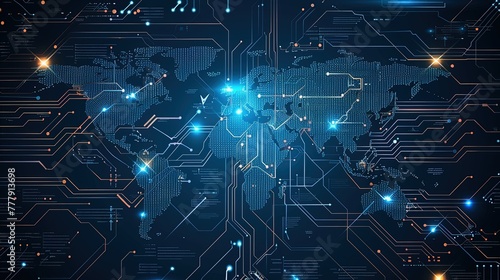 The illuminated digital map of the world is engraved on a dark printed circuit board. Innovative PC. Generative AI