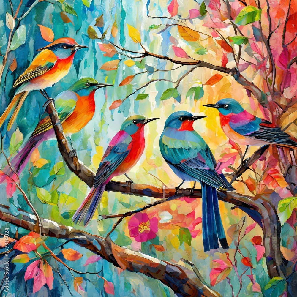 a vibrant and whimsical wall mural featuring birds of different colors perched on branches. The composition should infuse the space with joy and playfulness, using bright hues and dynamic poses to bri