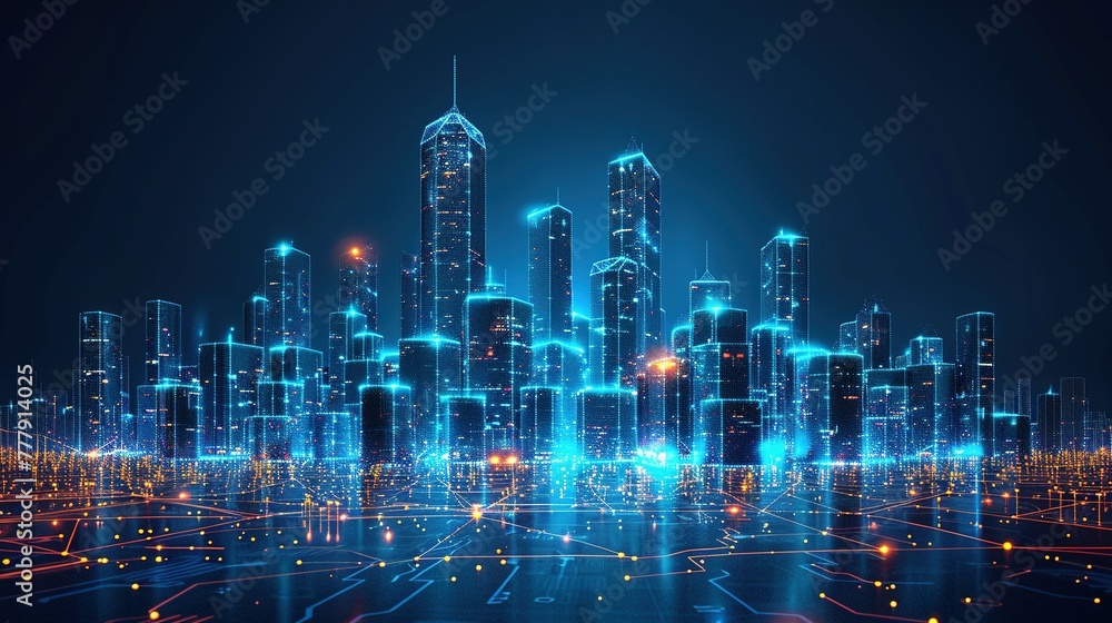 Wi-Fi smart city or network. Low poly wireframe. Building automation with computer board illustration. Isolated on a dark blue background. Plexus points and lines. Wireless smart city or network