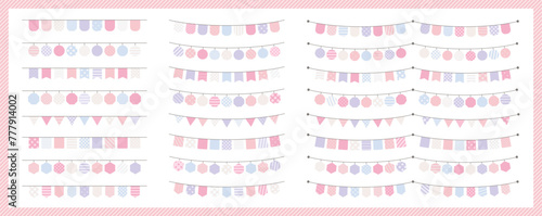 ガーランド　旗　セット　カラフル　ポップ　装飾　飾り罫　バリエーション　線画　シンプル　かわいい