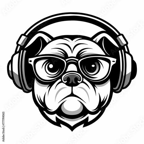 Stylish Bulldog Vector Illustration with Glasses and Headphones - Minimalistic Black and White Logo Design for Branding and Marketing