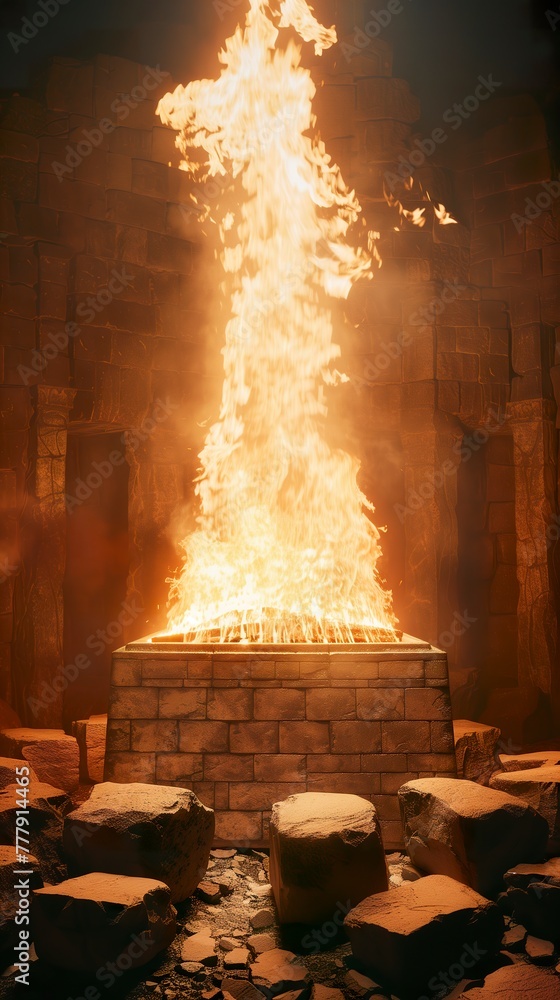 Abstract illustration of stone altar with wood burned by fire. Representation of the fire of God that came down from the heavens and burned Elijah's sacrifice. - obrazy, fototapety, plakaty 