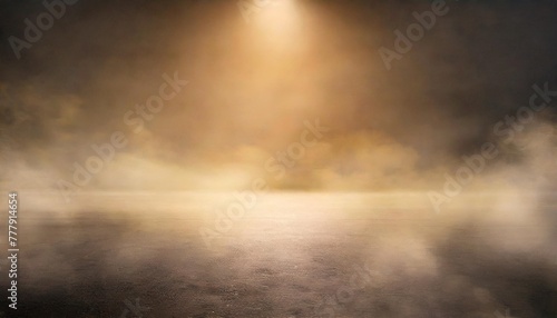 concrete floor with smoke or fog in dark room with spotlight asphalt street black background photo