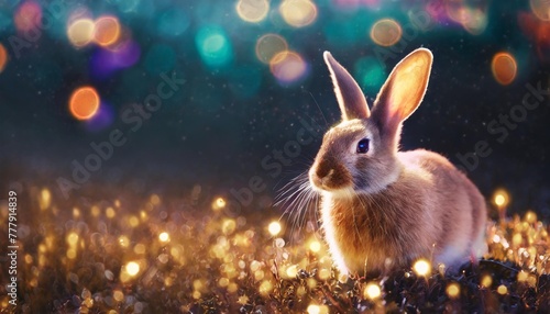 rabbit sitting on dark night magic field with neon colorful lights fairy tail easter bunny creative holiday design for card banner poster with copy space