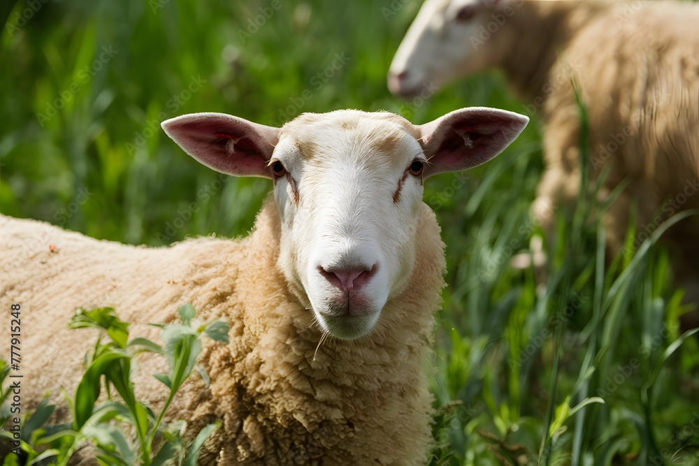 Curious sheep gazing directly at the camera amidst lush field Curious sheep gazing directly at the camera amidst lush field