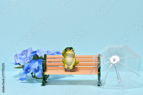 カエルと傘と紫陽花で梅雨のイメージ