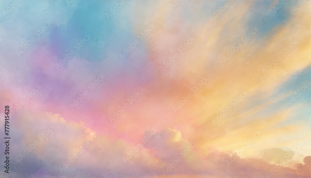 colorful watercolor background of abstract sunset sky with puffy clouds in bright rainbow colors of pink blue yellow orange and purple - obrazy, fototapety, plakaty 