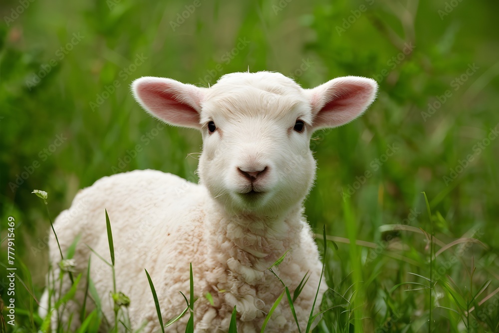 Cute lamb gazes innocently in green meadow, charming viewers Cute lamb gazes innocently in green meadow, charming viewers